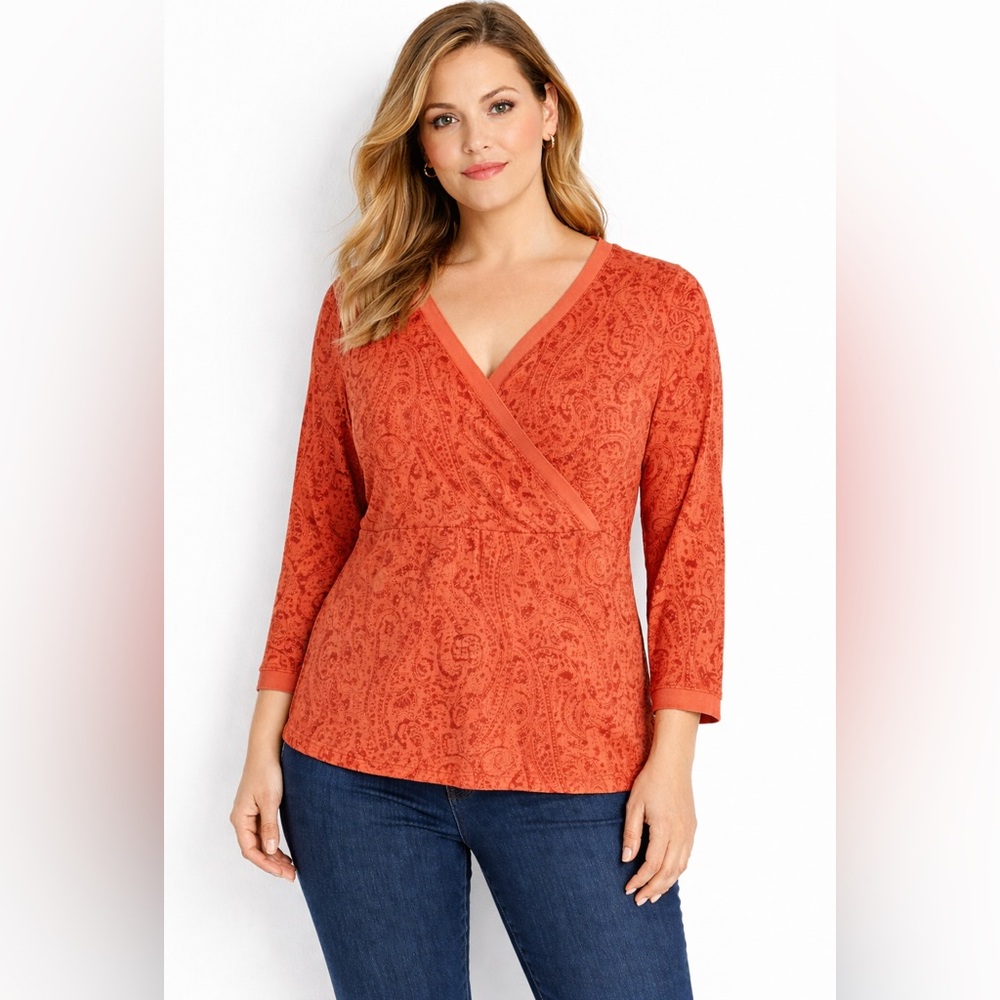 J. Jill Size XL Burnt Orange Paisley Faux Wrap Top Long Sleeve Soft Stretch